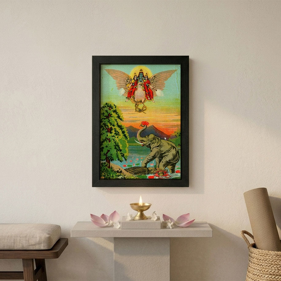 Vishnu Protecting Elephant Gajendra framed poster