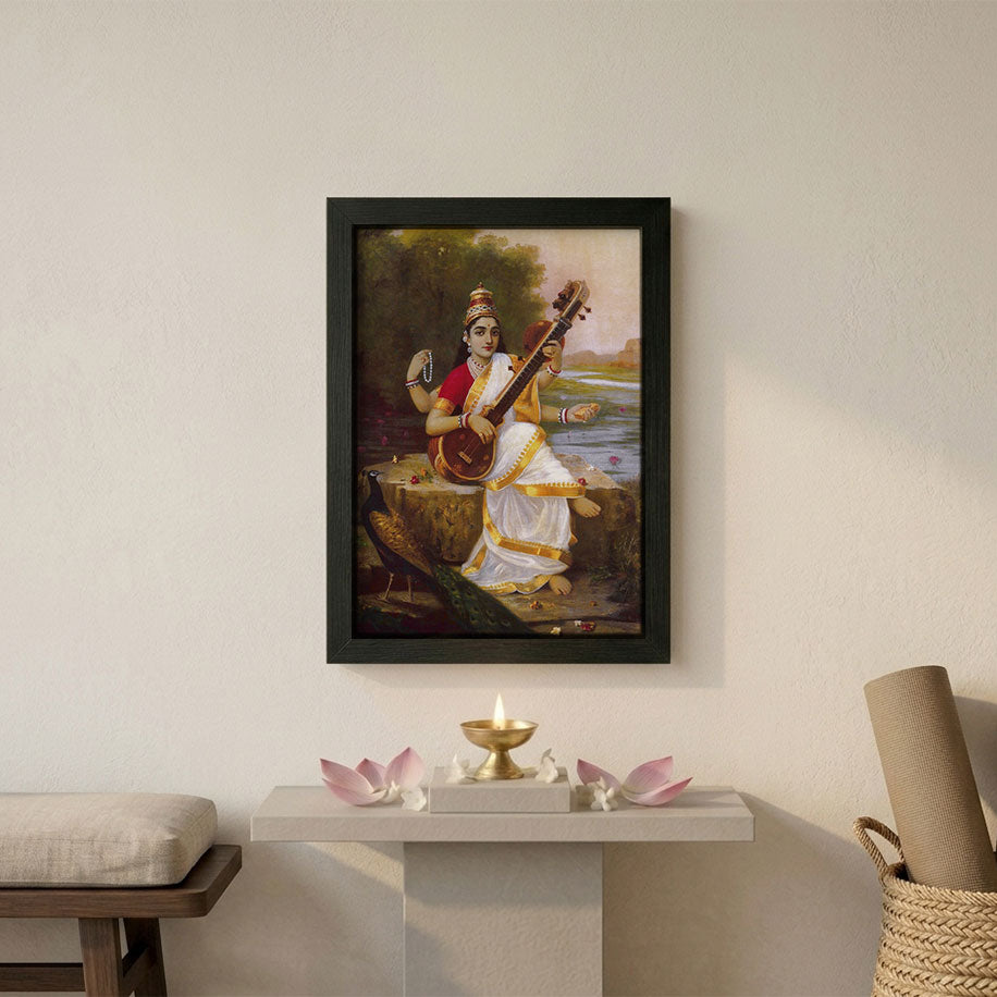 Goddess Saraswati by the river framed poster