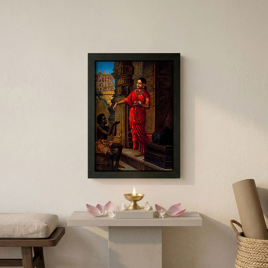 Lady offering alms outside shiva temple framed poster
