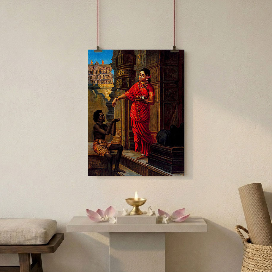 Lady offering alms outside shiva temple poster